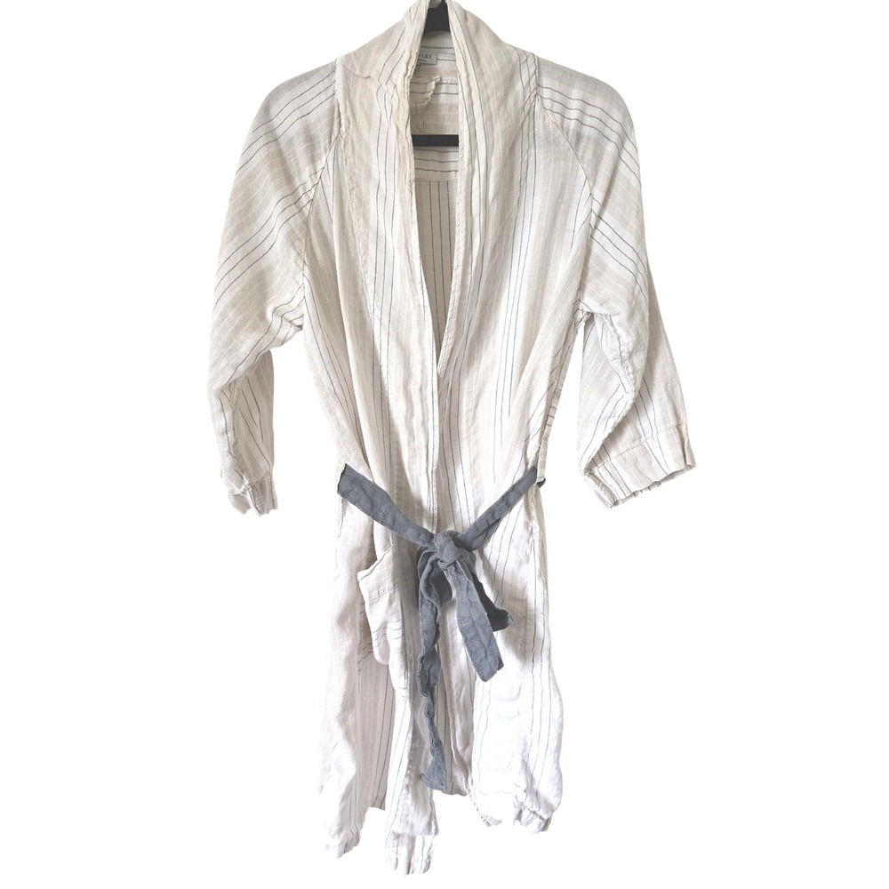 Serena & Lily Womens Striped 100% Linen Robe White Beige S/M Made in Portugal
